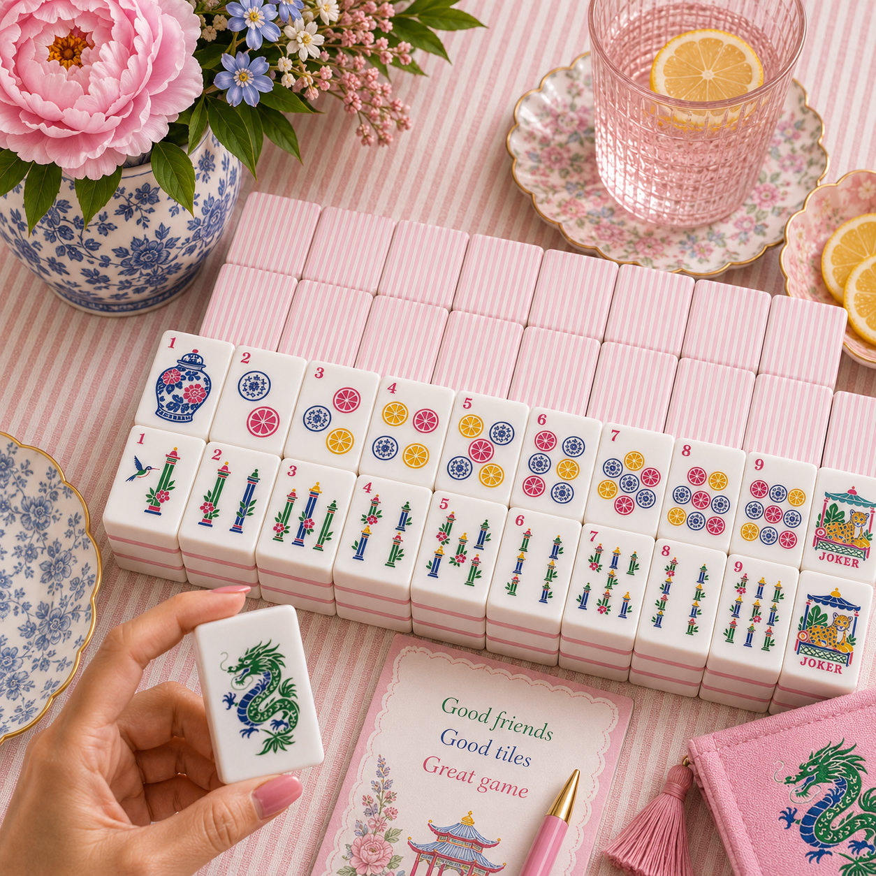 Pink Preppy Pastel Chinoiserie Engraved American Mahjong Tiles And Carry Case