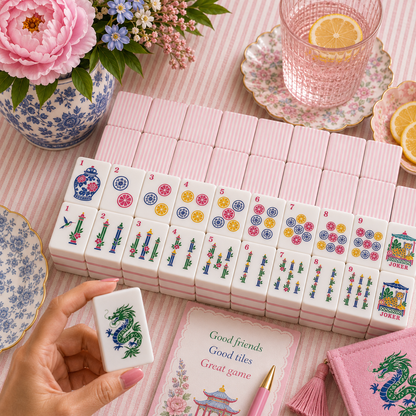 Pink Preppy Pastel Chinoiserie Engraved American Mahjong Tiles And Carry Case