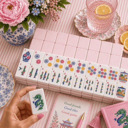 Pink Preppy Pastel Chinoiserie Engraved American Mahjong Tiles And Carry Case - Splash Of Mahj And Color Co.