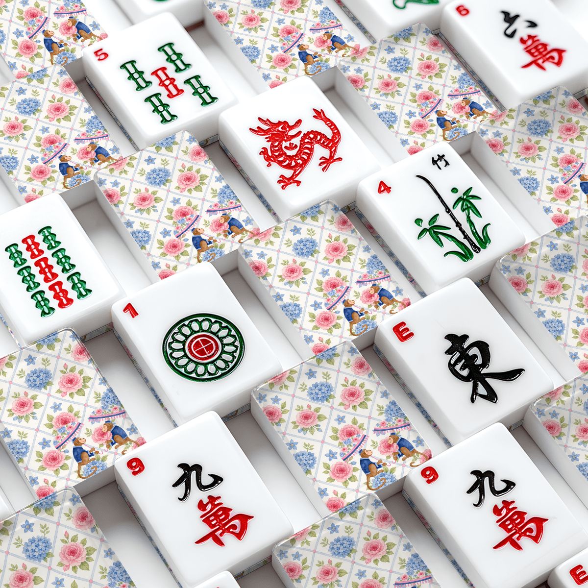 Mahjong Monkey Floral Asian Chinoiserie Hydrangea American Mahjong Tiles And Carry Case - Splash Of Mahj And Color Co.