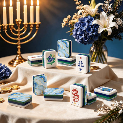 Oceanic Blue Hanukkah Mahjong Tiles And Carry Case - Splash Of Mahj And Color Co.