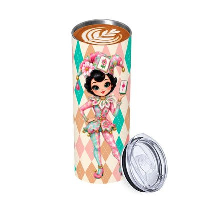 Mahjie The Mascot Whimsical Harlequin Mahjong Lover 20oz Straight Stainless Steel Tumbler with Straw - Splash Of Mahj And Color Co.