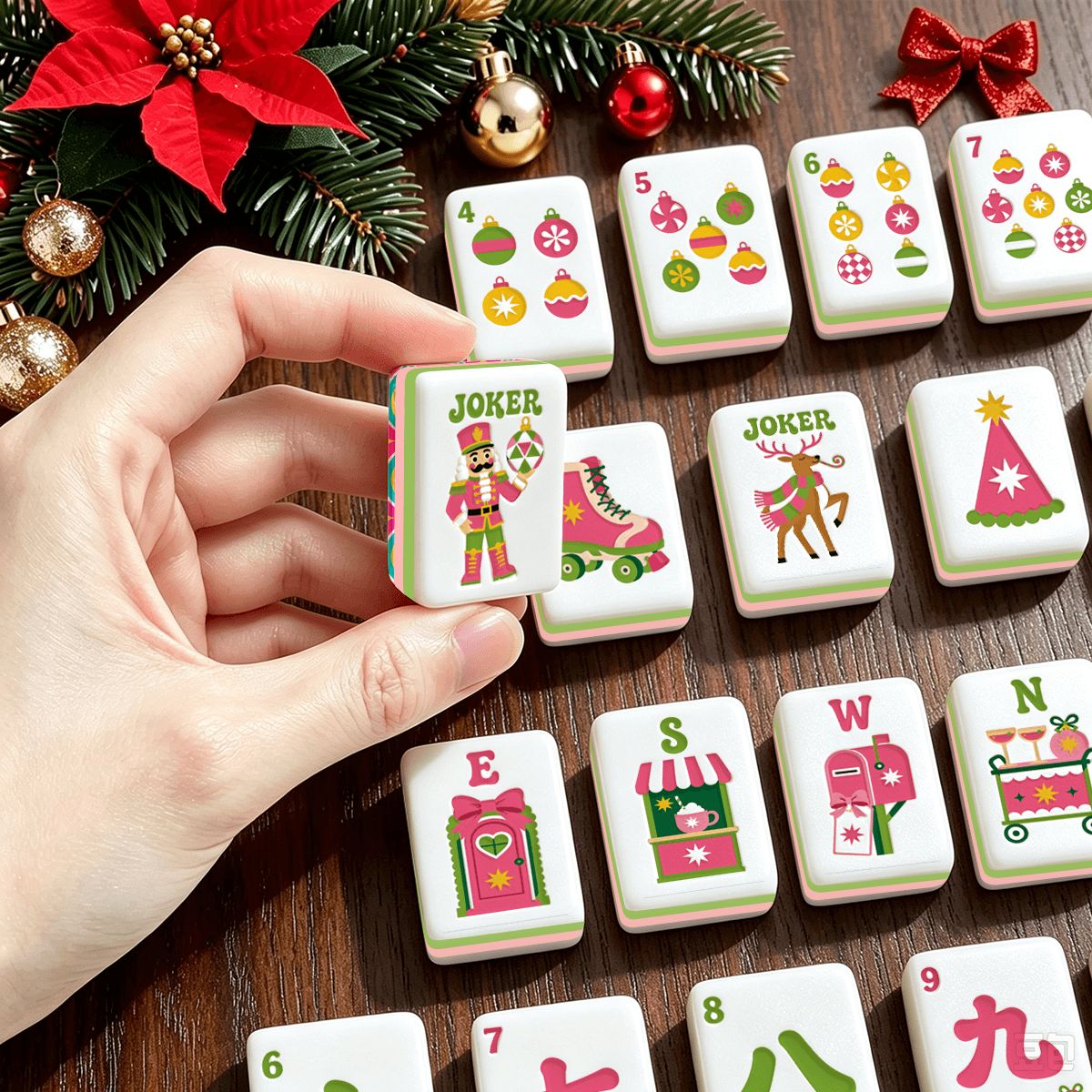Preppy Modcentric Hot Pink And Aqua  Christmas Mahjong Tiles With Carry Case