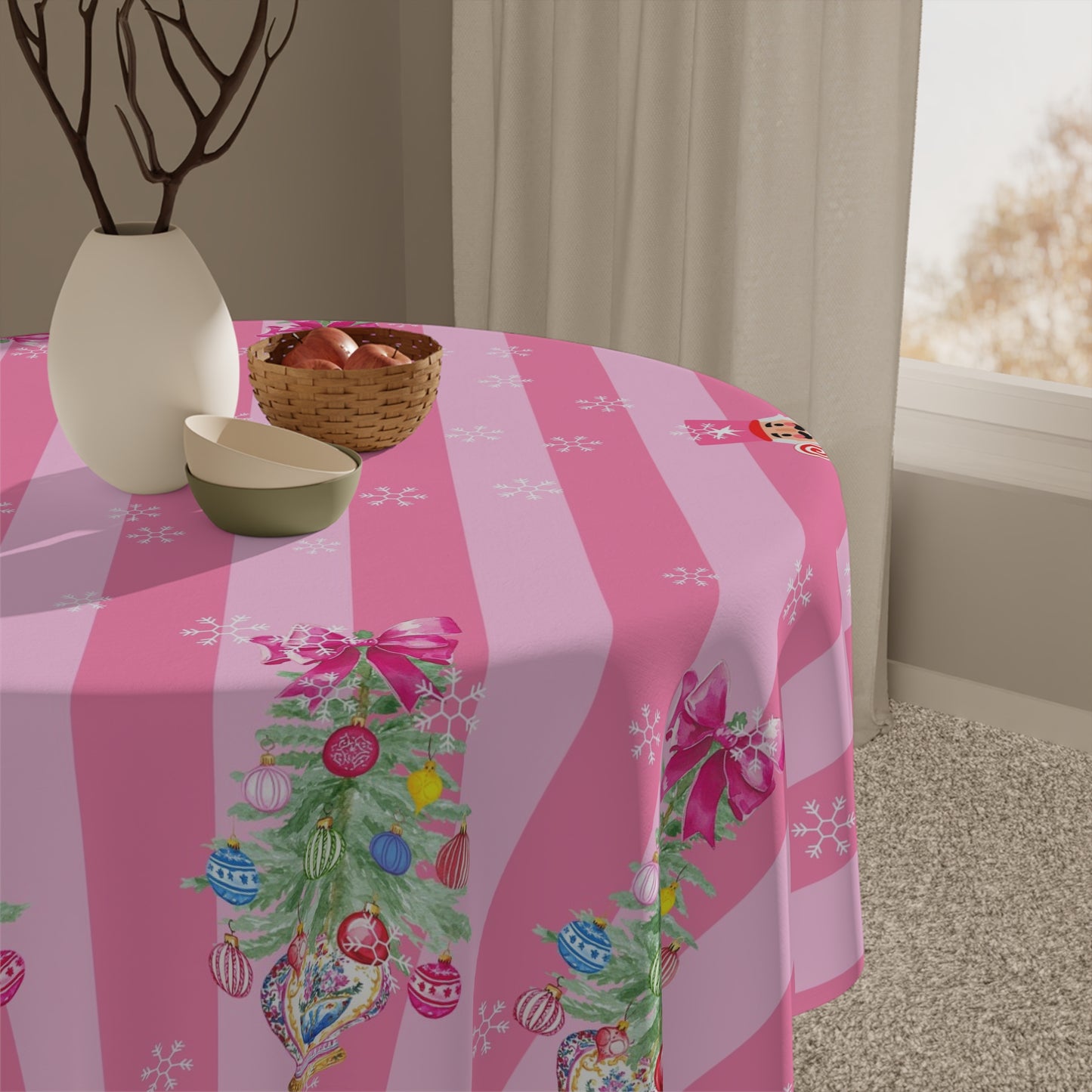 Whimsical Nutracker Chinoiserie Christmas Trees, Pink Striped Tablecloth - Splash of Color Co.