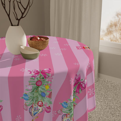 Whimsical Nutracker Chinoiserie Christmas Trees, Pink Striped Tablecloth - Splash of Color Co.