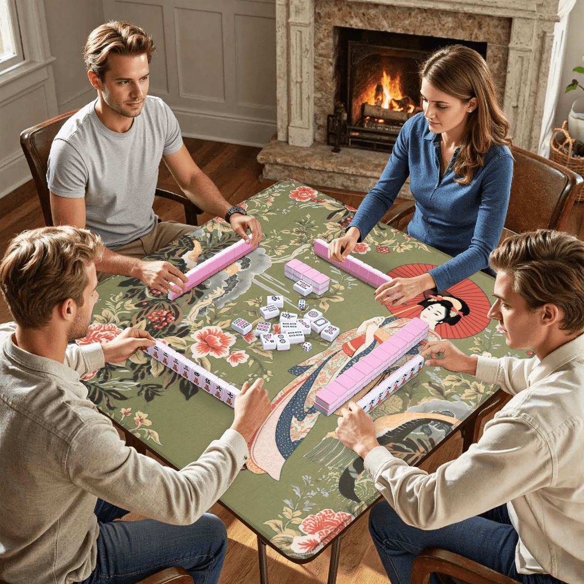 Asian Floral Geisha Girl Mahjong Mat 33"x33 - Splash of Color Co.