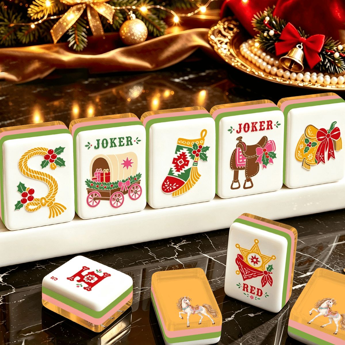 Holiday Ho Down Western Christmas Mahjong Tiles Layered And Engraved