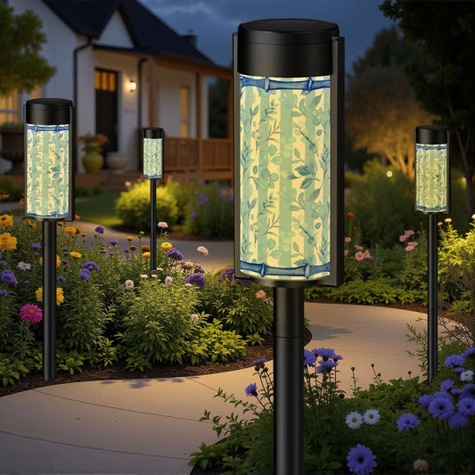 Floral Blue Asian Chinoiserie Zen Garden Outdoor Solar Lights