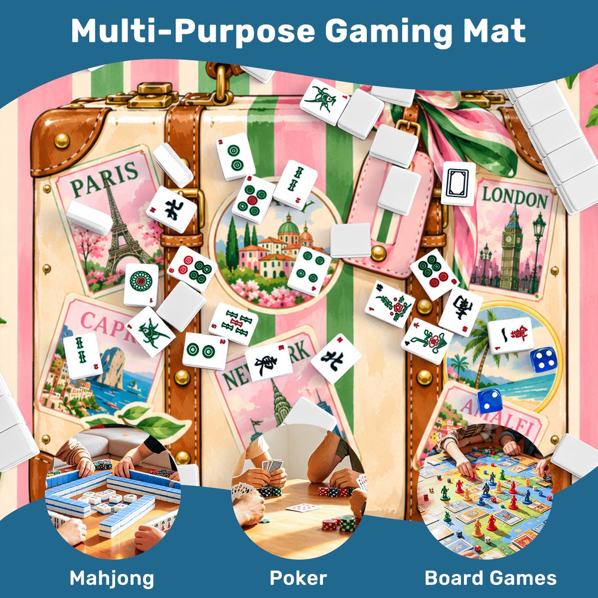 Preppy Green And Pink World Traveler Mahjong Mat Sleek Surface - Splash Of Mahj And Color Co.