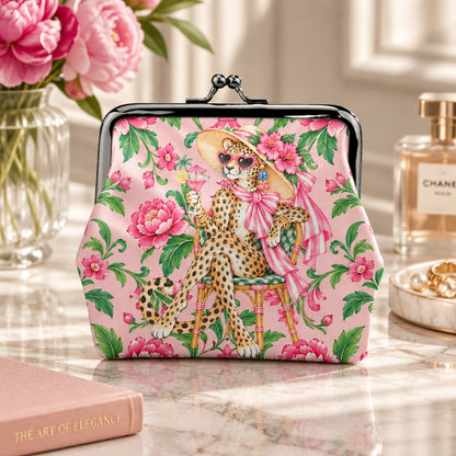 Grand Millenial Chic Chinoiserie Leopard Lady Women's Leather Kiss Lock Coin Purse