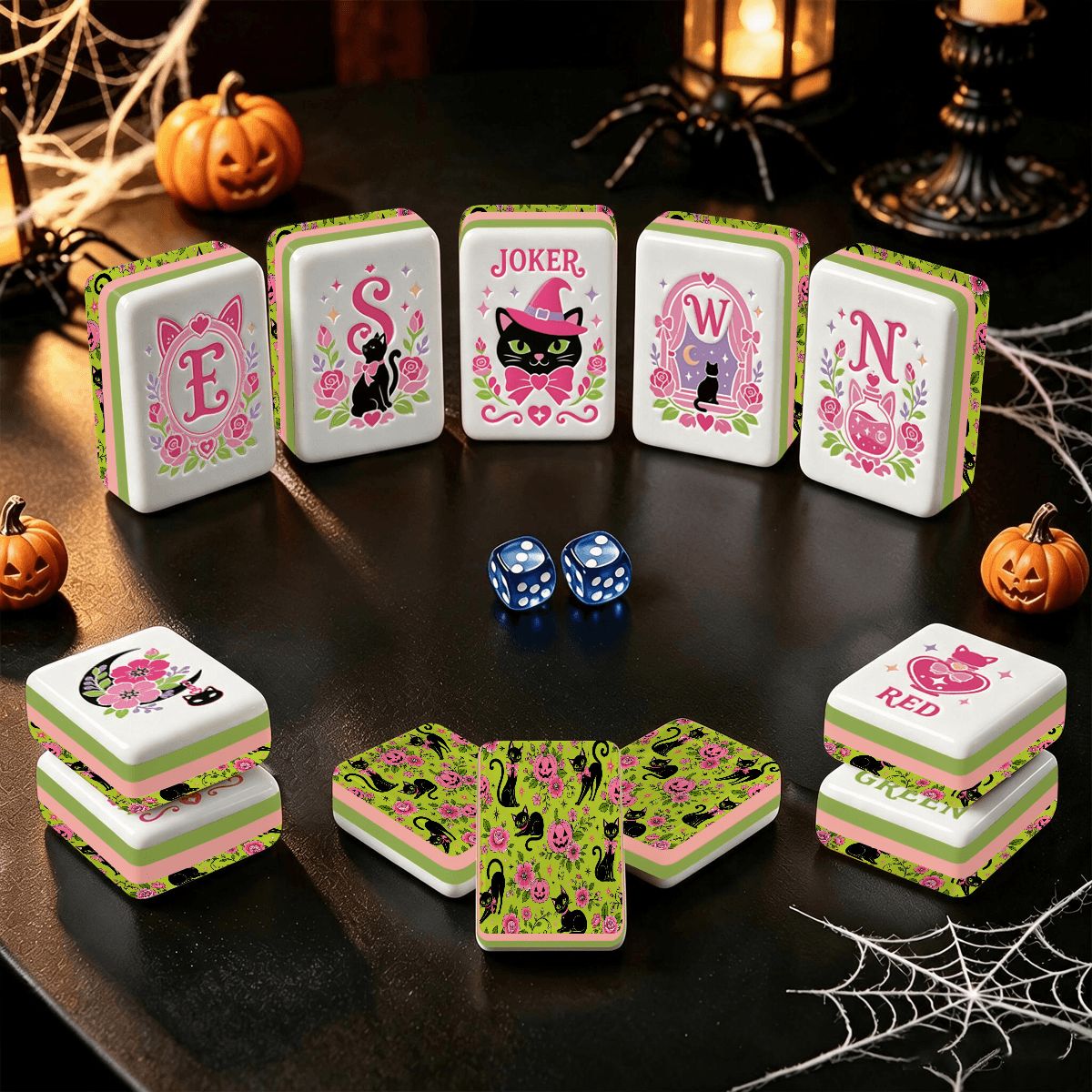 Halloween Kitty Cat Brigade Green And Pink Layered Mahjong Tiles And Carry Case - Splash Of Mahj And Color Co.