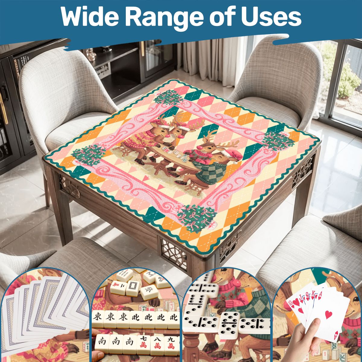 Oh Deer Christmas Mahjong Mat, Argyle Pastels And Whimsical Reindeer
