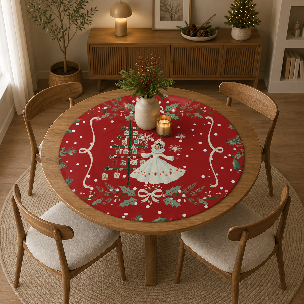 Nostalgic Christmas Red Holiday Round Mahjong Mat