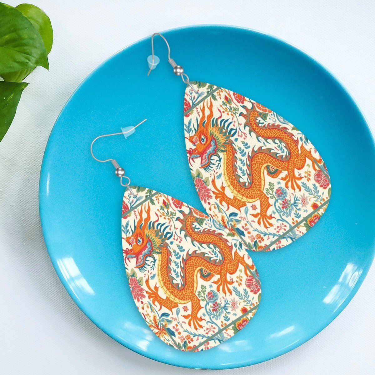 Floral Chinoiserie Dragon Leather Teardrop Earrings - Splash of Color Co.