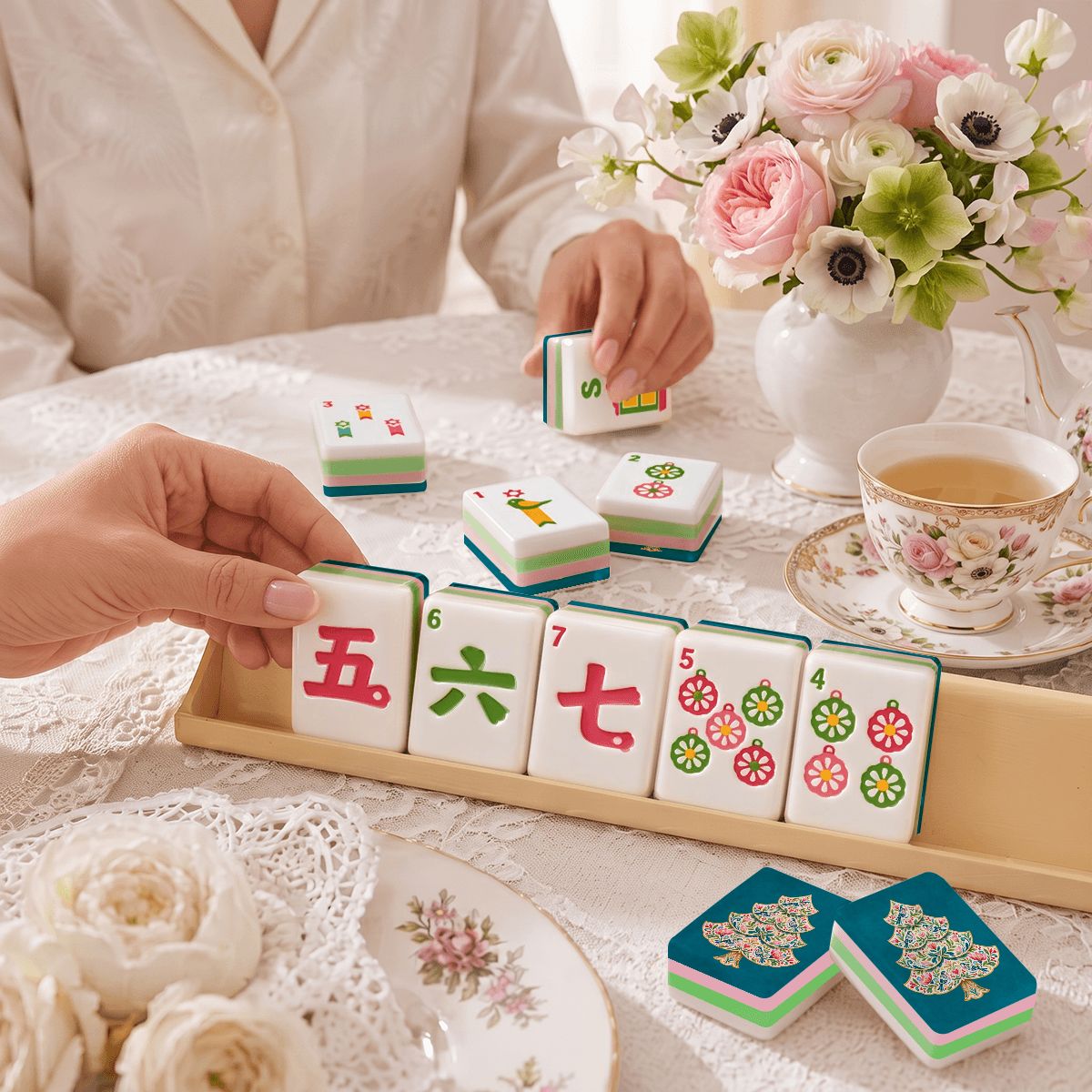 Scandinavian Folk Art Teal Holiday Tree Christmas Mahjong Tiles And Carry Case