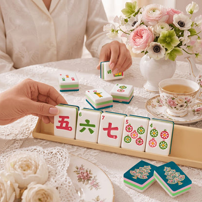 Scandinavian Folk Art Teal Holiday Tree Christmas Mahjong Tiles And Carry Case