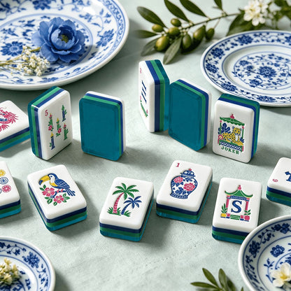 Antique Teal Chinoiserie Chic American Engraved Mahjong Tiles And Carry Case