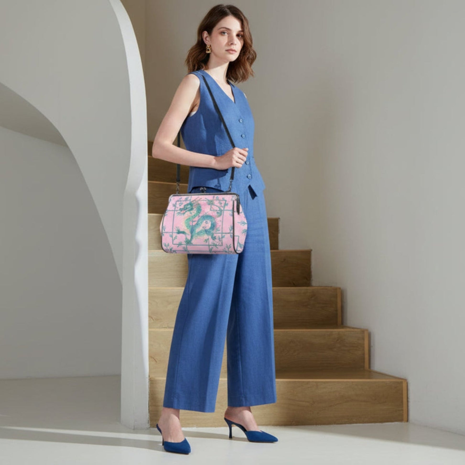 Hot Pink Watercolor Dragon Preppy Kisslock Handbag, Shoulder Bag Kisslock Crossbody Shoulder Bag - Splash of Color Co.