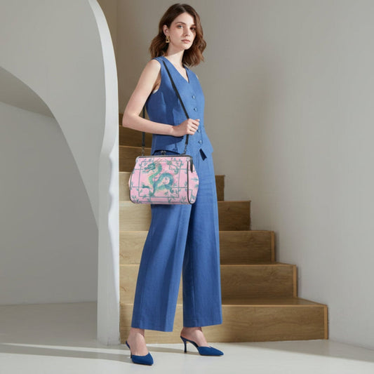 Hot Pink Watercolor Dragon Preppy Kisslock Handbag, Shoulder Bag Kisslock Crossbody Shoulder Bag - Splash of Color Co.