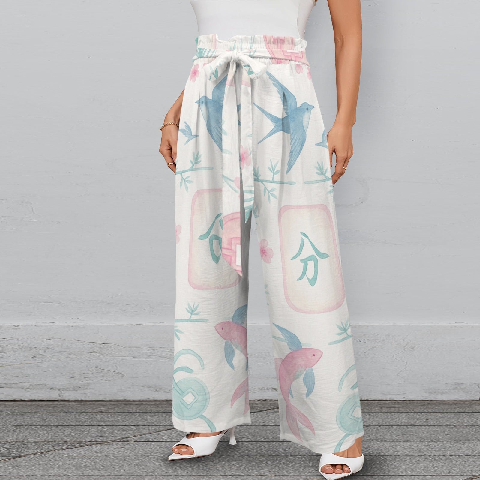 Preppy Mahjong Watercolor Tiles Summer Breeze Wide Legged Pants - Splash of Color Co.