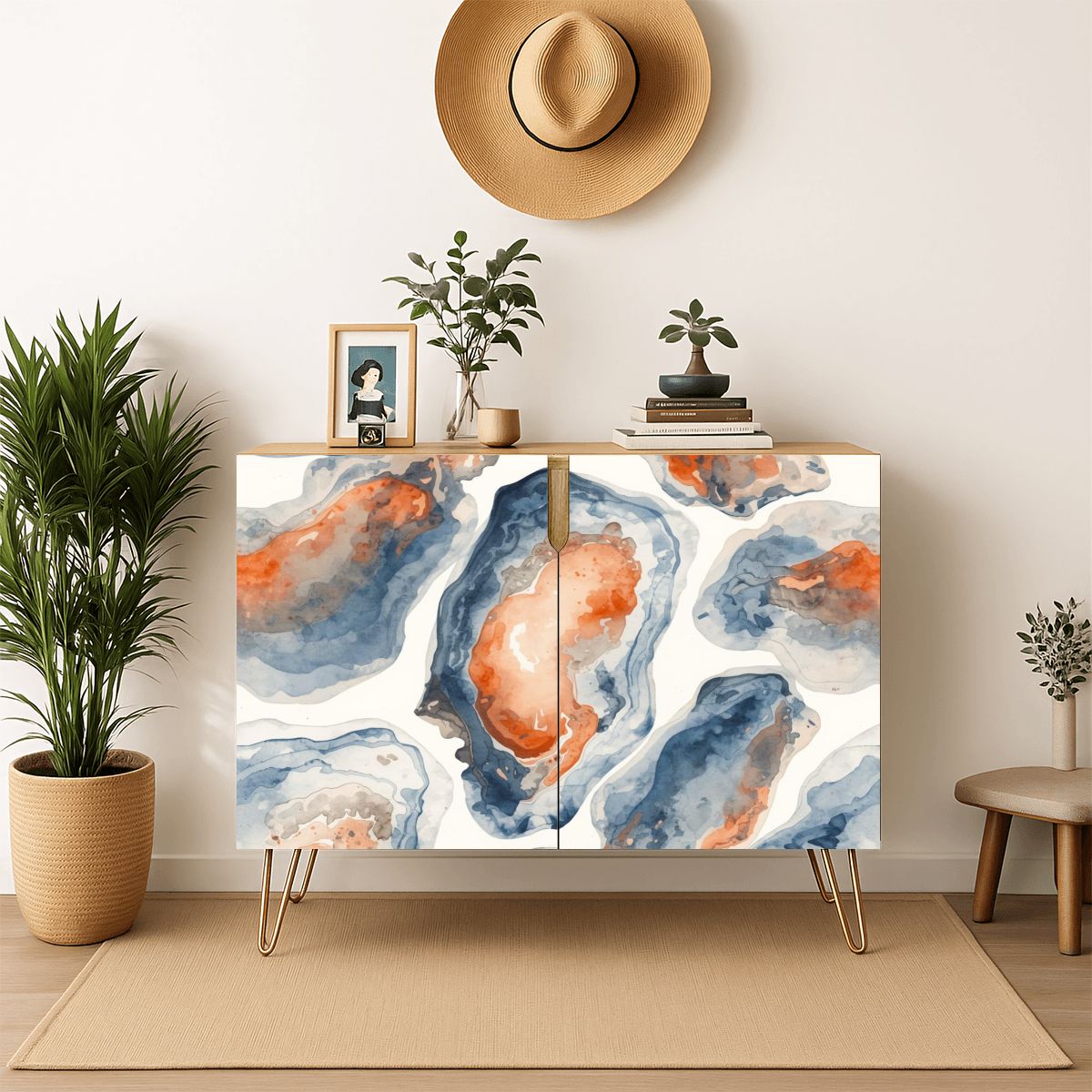 Blue Oyster Watercolor Modern Wooden Storage Cabinet - Splash of Color Co.