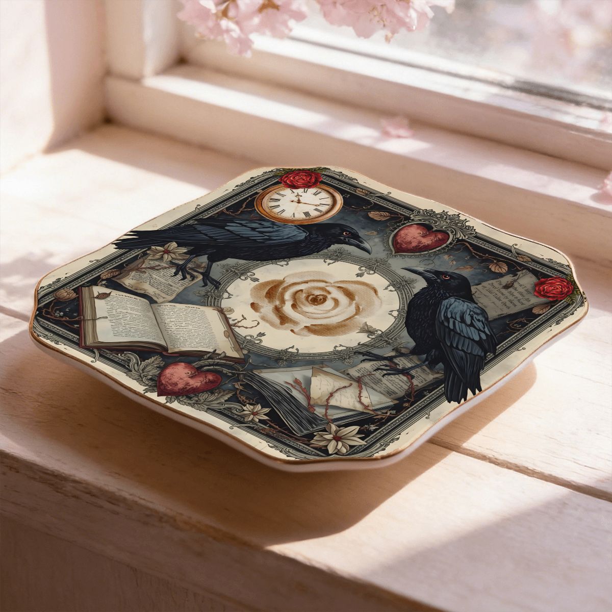 Edgar Allen Poe Raven Scalloped Ceramic Mahjong Dice Tray