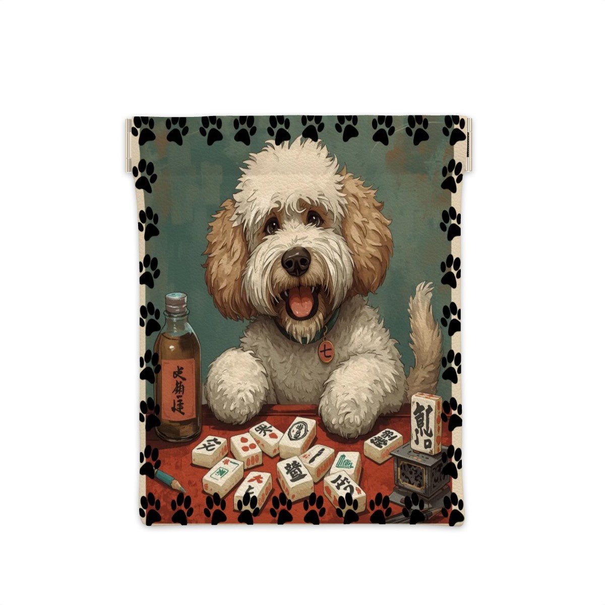 Doodle Dog Playing Mahjong Leather Dice Coin Purse - Splash of Color Co.