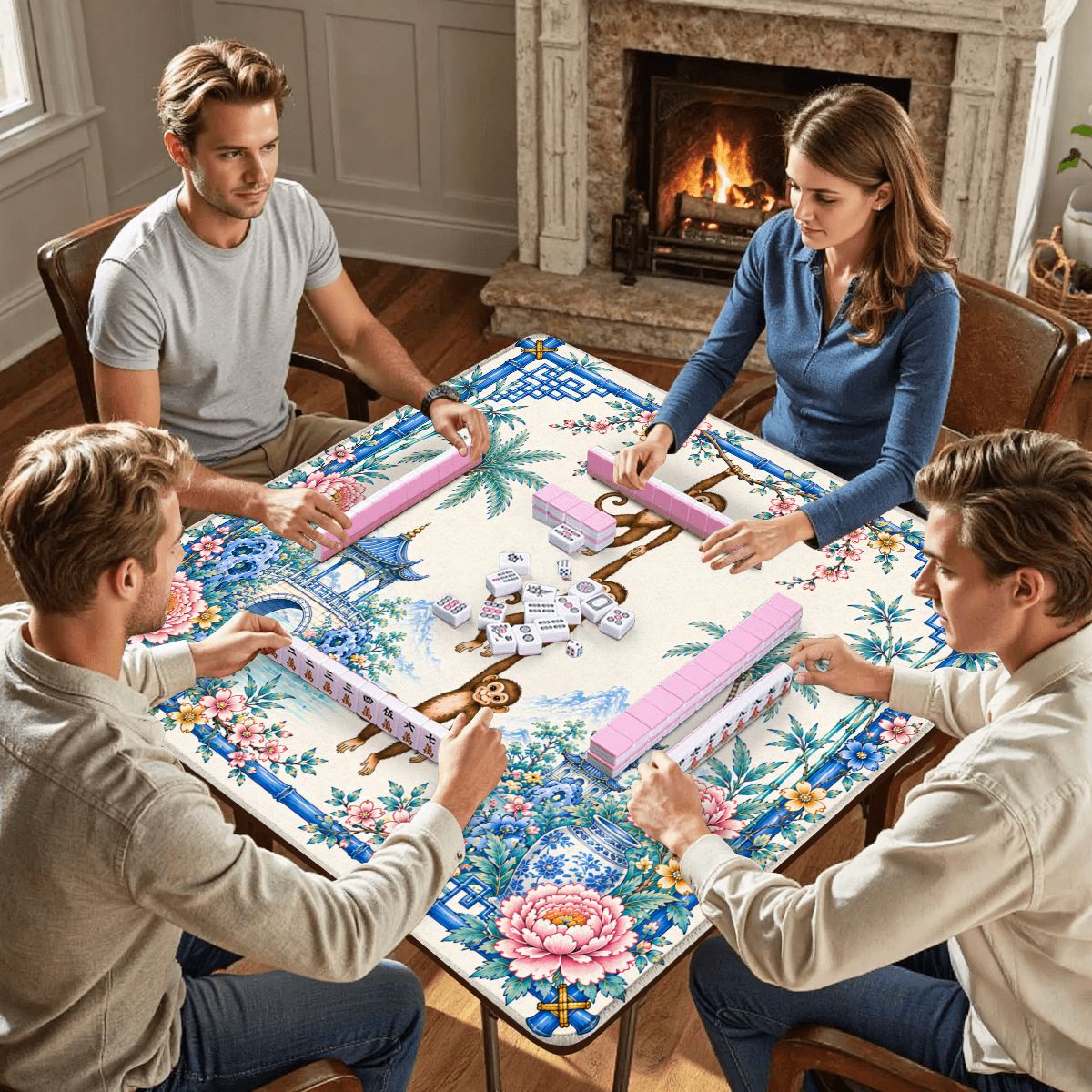 Monkey See, Monkey Mahj Chinoiserie Mahjong Mat - Splash Of Mahj And Color Co.