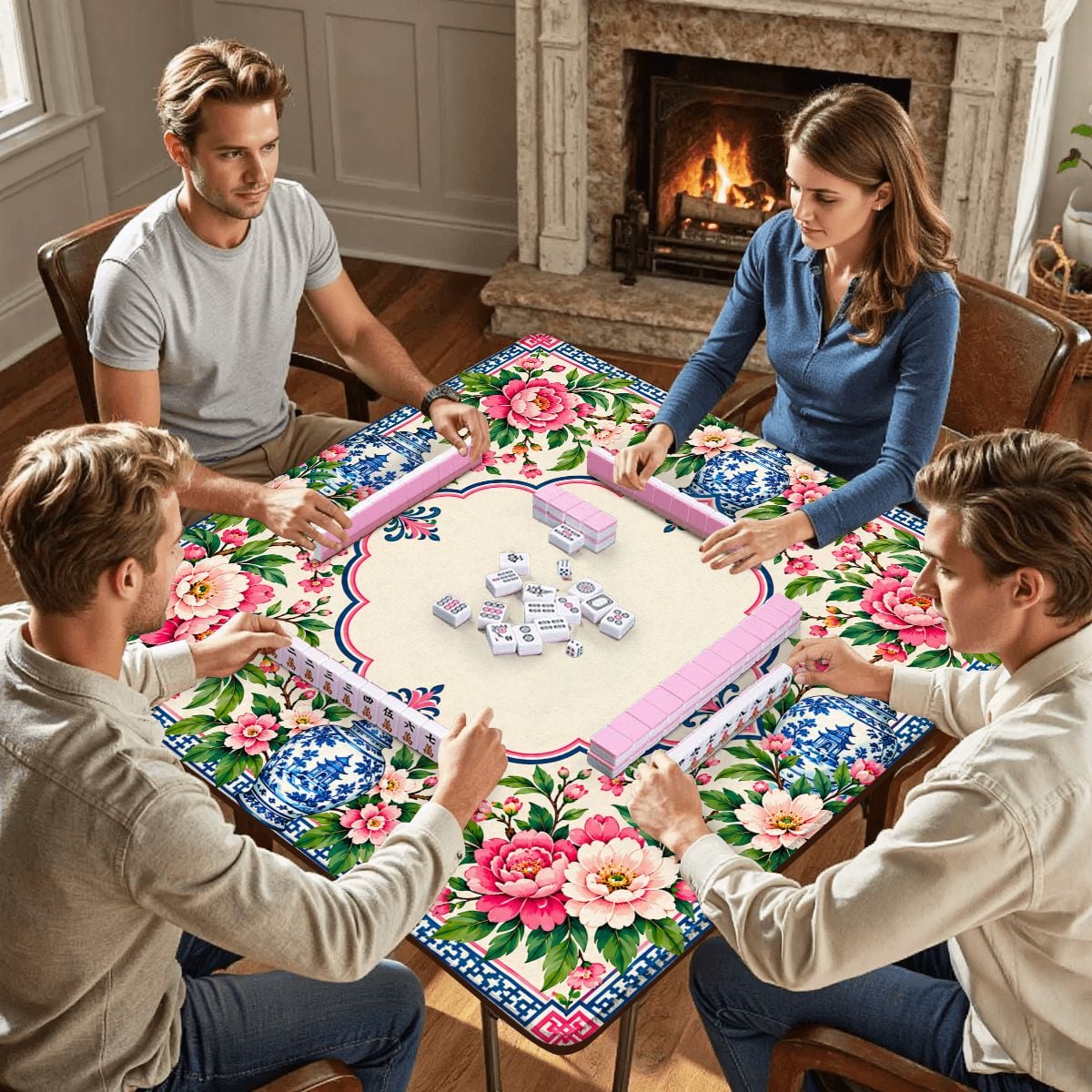 Garden Party Chinoiserie Blue Pink Mahjong Mat