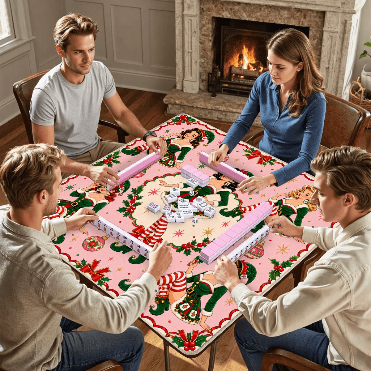 Sexy Vixen Christmas Elves Mahjong Christmas Mat - Splash Of Mahj And Color Co.
