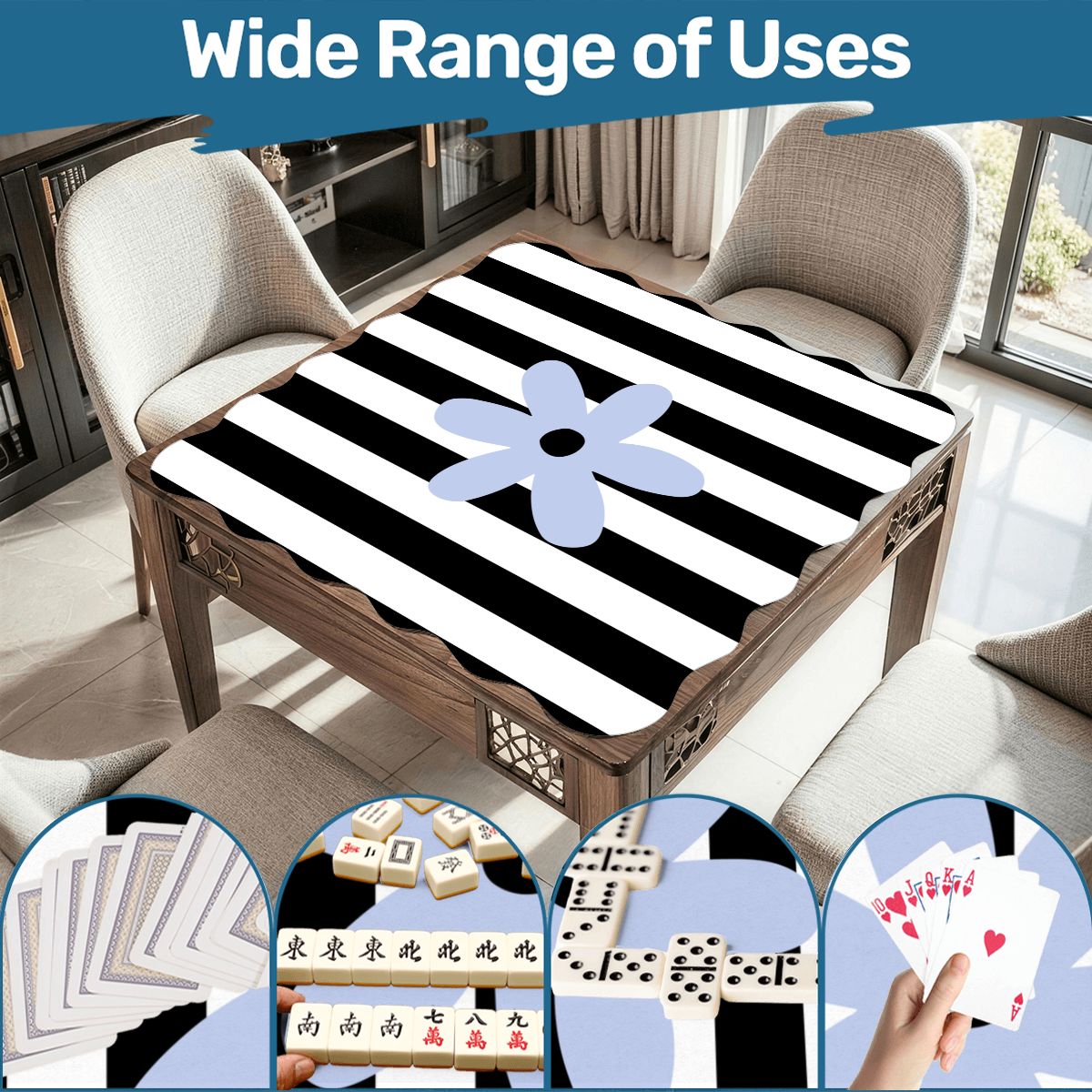 The Daisy Mae Black And White Striped Preppy Scalloped Mahjong Mat - Splash Of Mahj And Color Co.