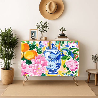 Chinoiserie Watercolor Citrus Mahjong Tiles And Accessories Sideboard Credenza - Splash Of Mahj And Color Co.