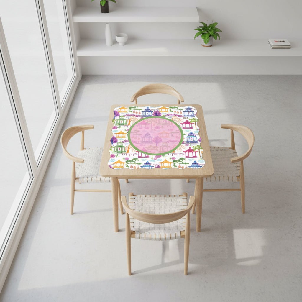 Chinoiserie Asian Gardens, Pagoda, Lantern Lavender And Blue Scalloped Mahjong Mat - Splash of Color Co.