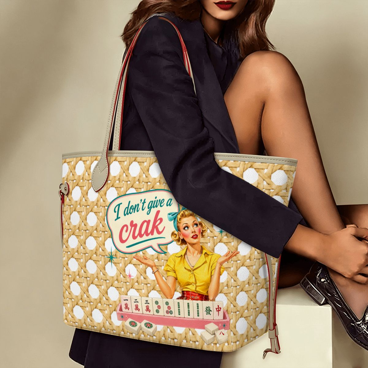 Mahjong Tote Bag, Cane Designed Funny I Don't Give A Crak - Splash Of Mahj And Color Co.