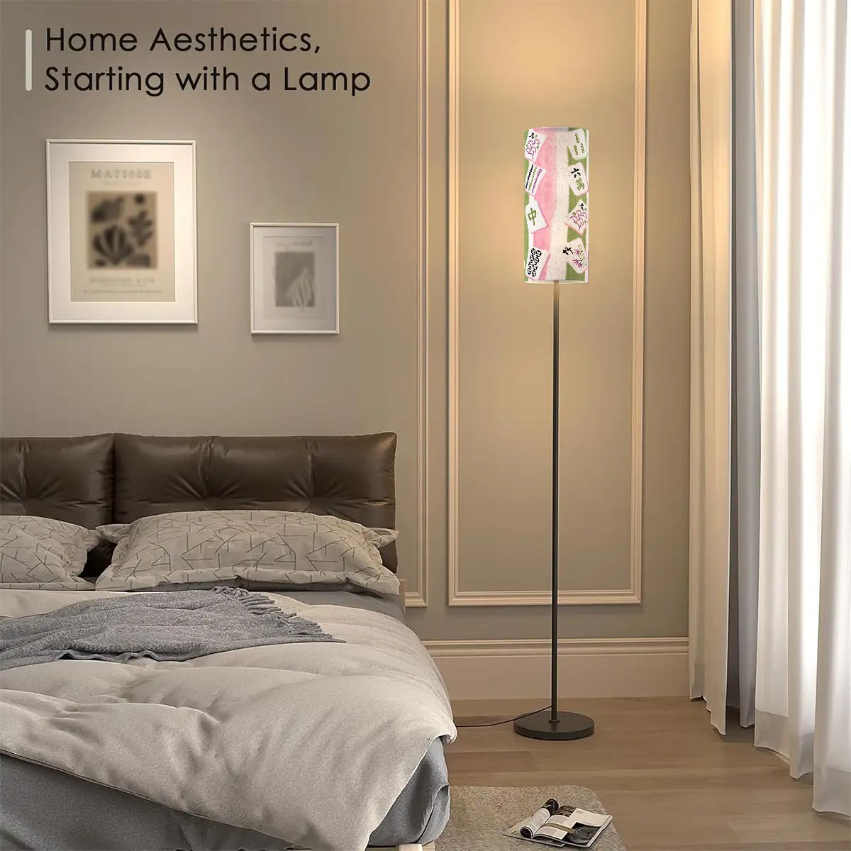 Mahjong Tiled Designed Pink Green Striped Reading Nook Floor Lamp