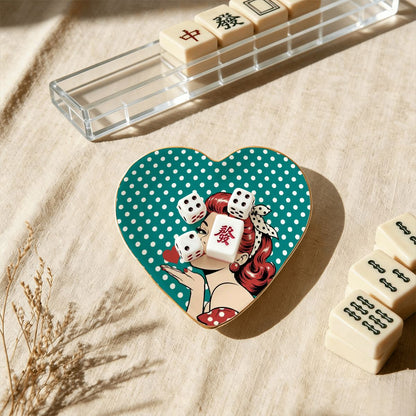 50s Modcentric Teal Polka Dot Heart Ceramic Mahjong Dice Tray