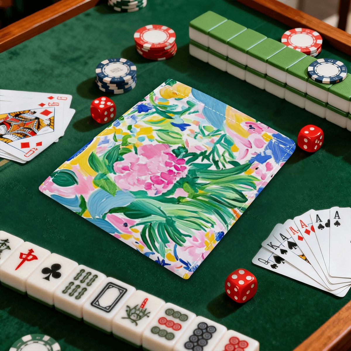 Floral Chinoiserie Designed 4 Mahjong Card Holder with Line Finder - Splash of Color Co.