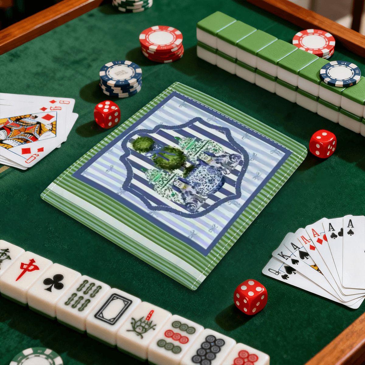 Chinoiserie Staffordshire Dogs Green Blue Striped 4 Mahjong Card Holder with Line Finder - Splash of Color Co.