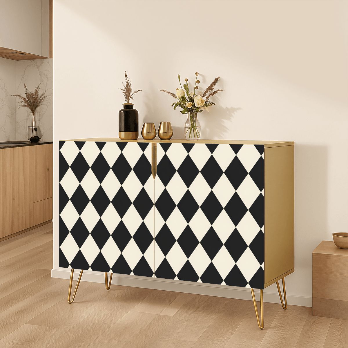 Black And Cream Harlequin Designed Mahjong Tiles And Accessories Sideboard Credenza Cabinet - Splash Of Mahj And Color Co.
