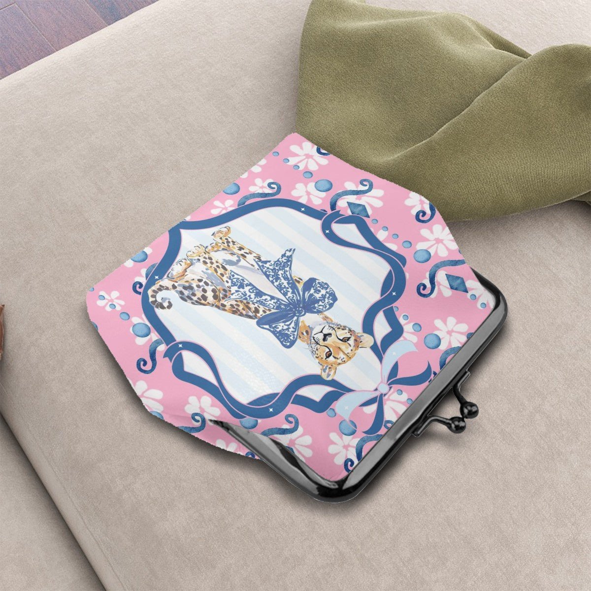 Charleston Cheetah Preppy Pink Women's Leather Kiss Lock Coin Purse - Splash of Color Co.