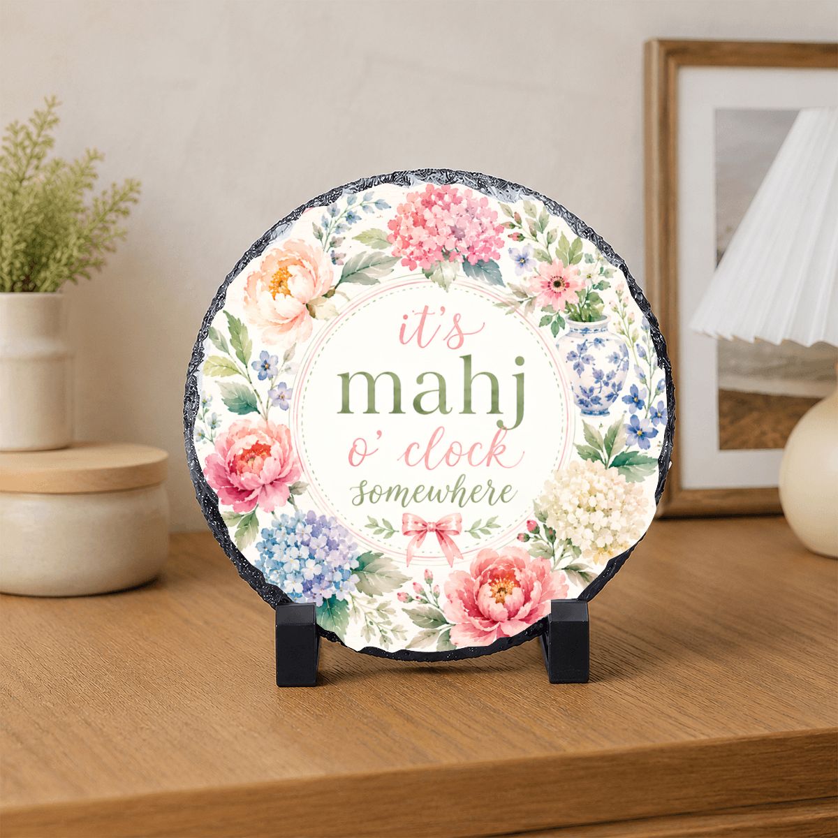 It's Mahj O'Clock Somewhere Round Rock Slate Frame