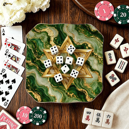 Gold Glitz Marbled Green Star Of David Scalloped Ceramic Mahjong Dice Tray - Splash Of Mahj And Color Co.