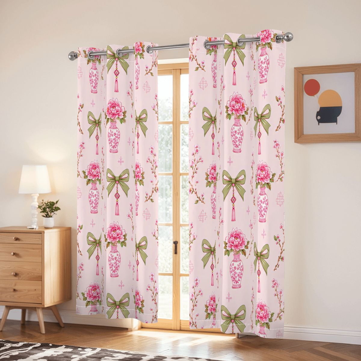 Pink Coquette Chinoiserie Mahjong Room Blackout Curtains