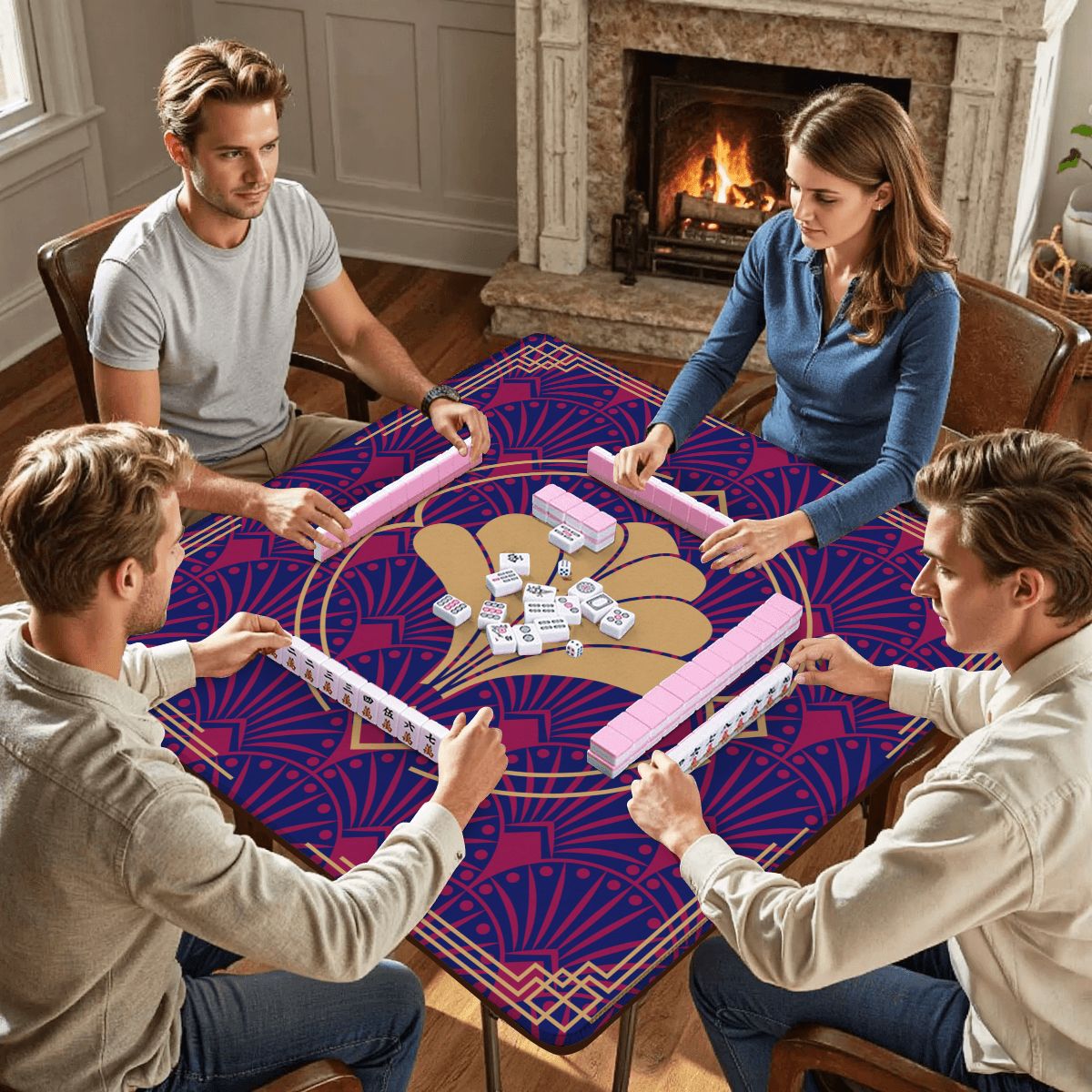 Art Deco Mahjong Mat, Blue Burgundy Gold Gilded - Splash of Color Co.