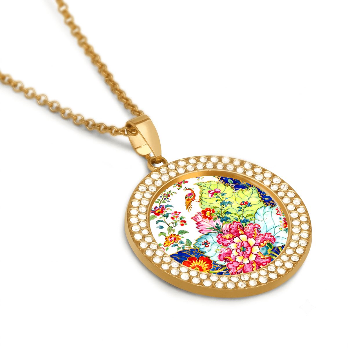 Tobacco Leaf Bam Bird Round Rhinestone Pendant Necklace