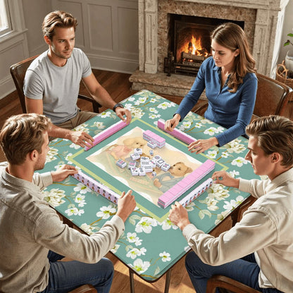 Dogs Playing Mahjong Mat Whimsical Floral Asian Designed Neoprene Mahj Mat