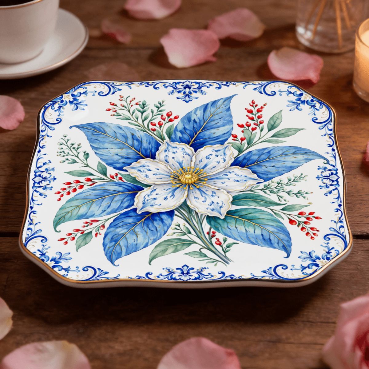 Tobacco Leaf Winterberry Scalloped Ceramic Mahjong Dice Tray
