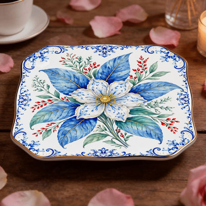Tobacco Leaf Winterberry Scalloped Ceramic Mahjong Dice Tray