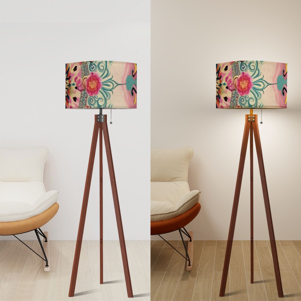 Bohemian Watercolor Pink Teal Floral Modern Tripod Floor Lamp