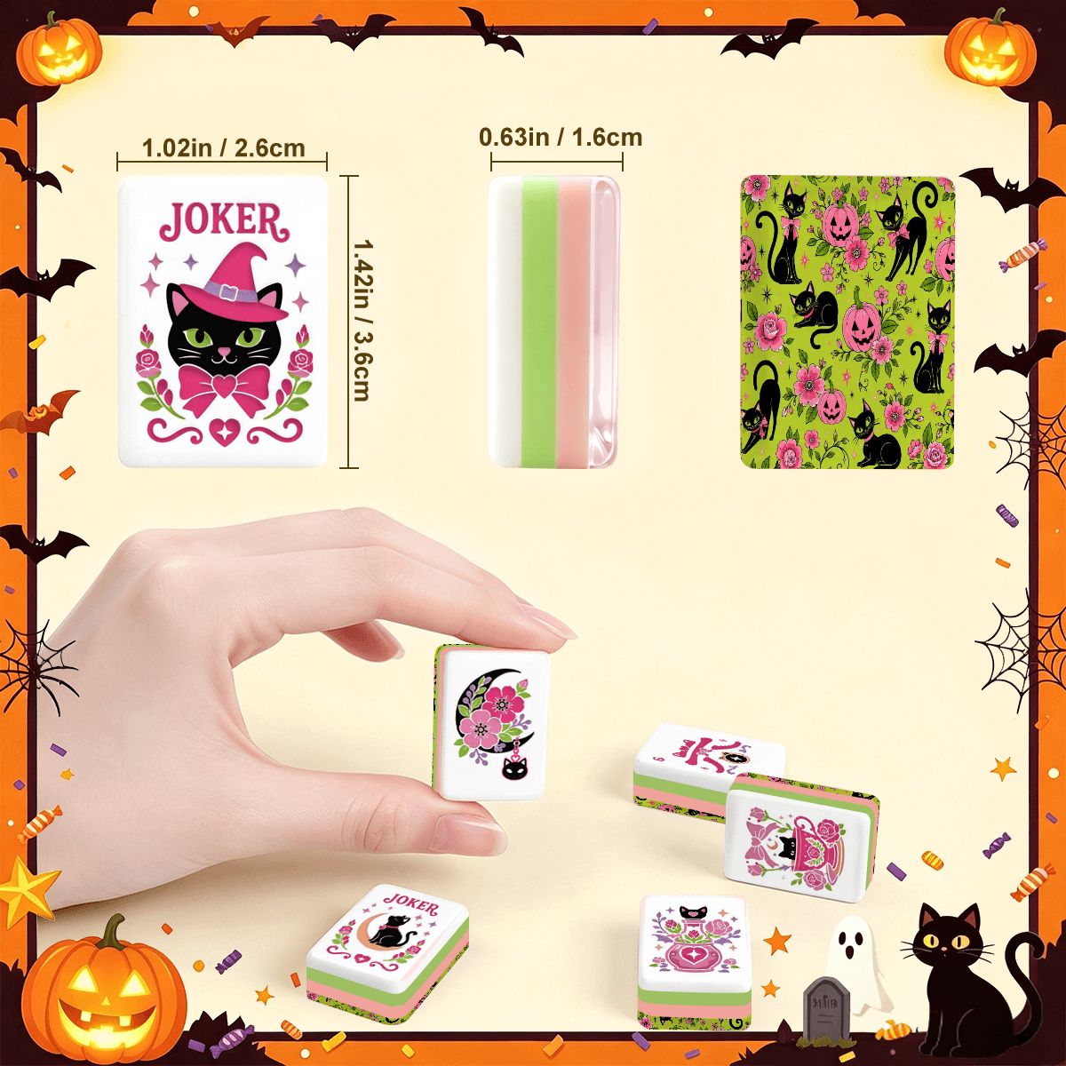 Halloween Kitty Cat Brigade Green And Pink Layered Mahjong Tiles And Carry Case - Splash Of Mahj And Color Co.